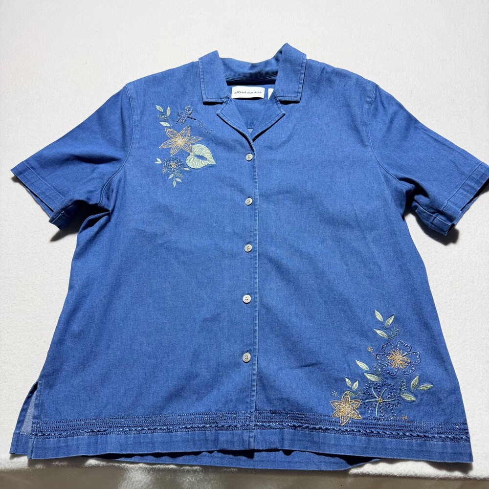 alfred dunner size 14 blue cotton shirt floral embroidery
